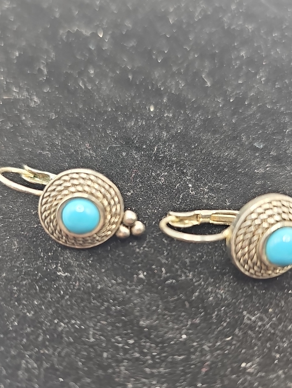 Turquoise Stone Filigree Drop Earrings - Blue Silver Tone